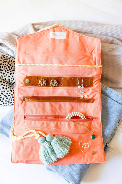 Coral Embroidered Velvet Jewelry Organizer