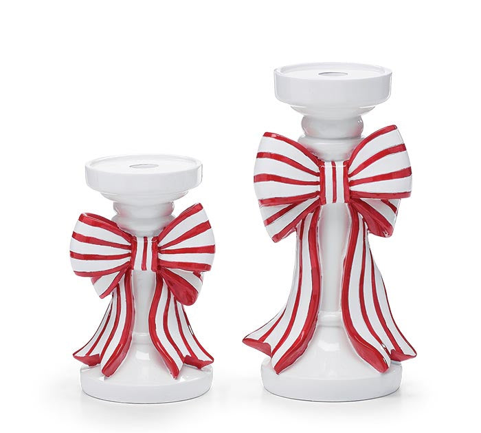 White Candlestick Holder with Stripe Bow