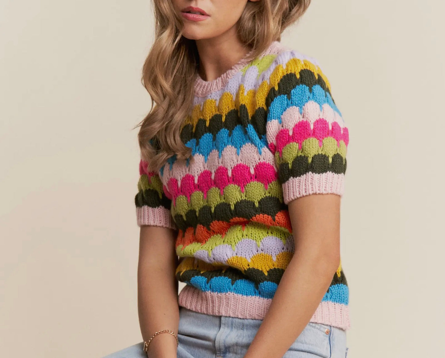 J.NNA - Fish Scales short sleeve Multicolor Design Knit Sweater: Spring Bloom / M