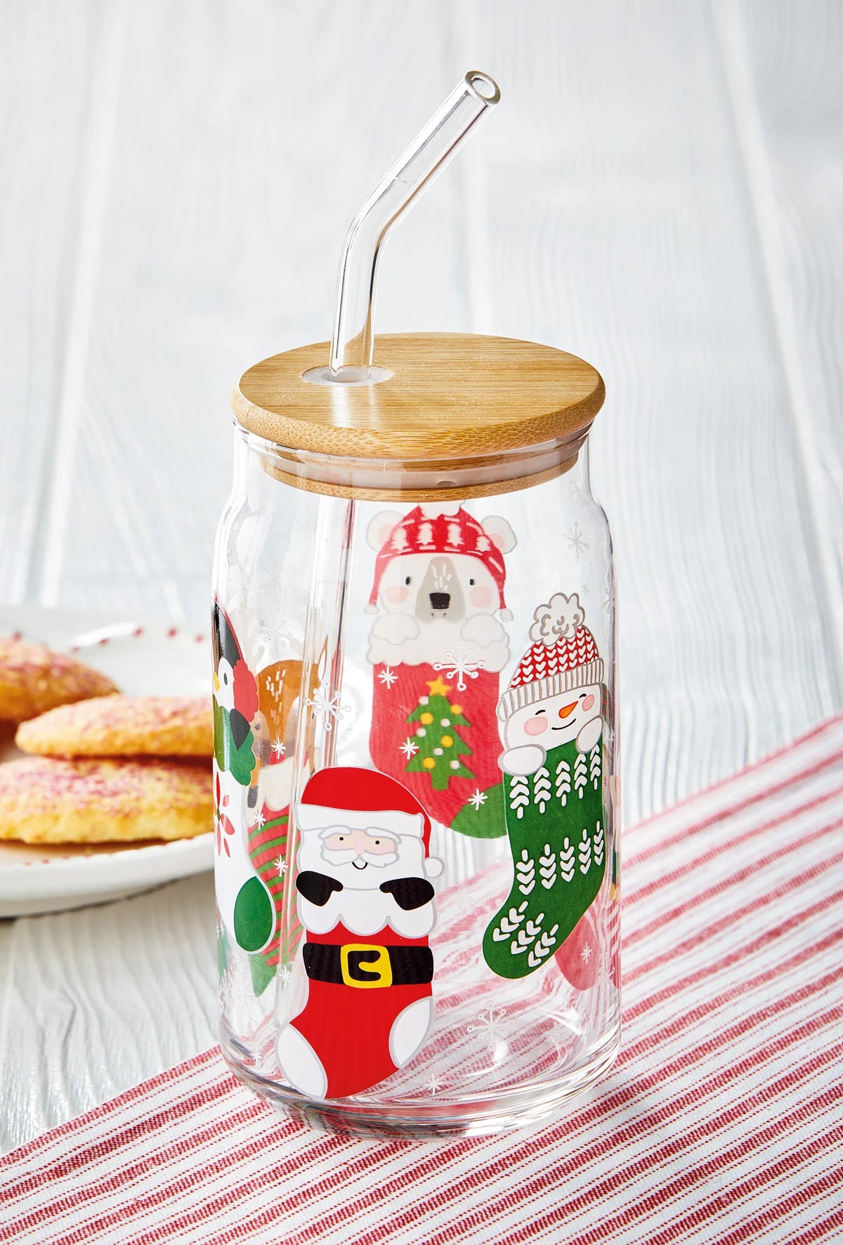 Holiday Cheer Can Glass w/ Glass Straw