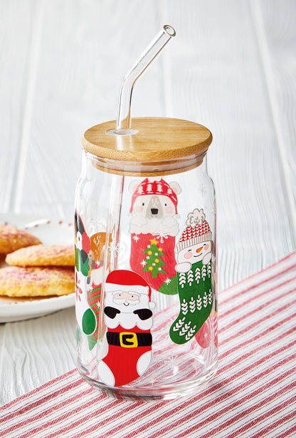 Holiday Cheer Can Glass w/ Glass Straw