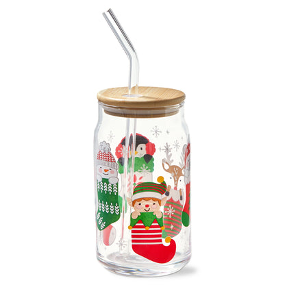 Holiday Cheer Can Glass w/ Glass Straw