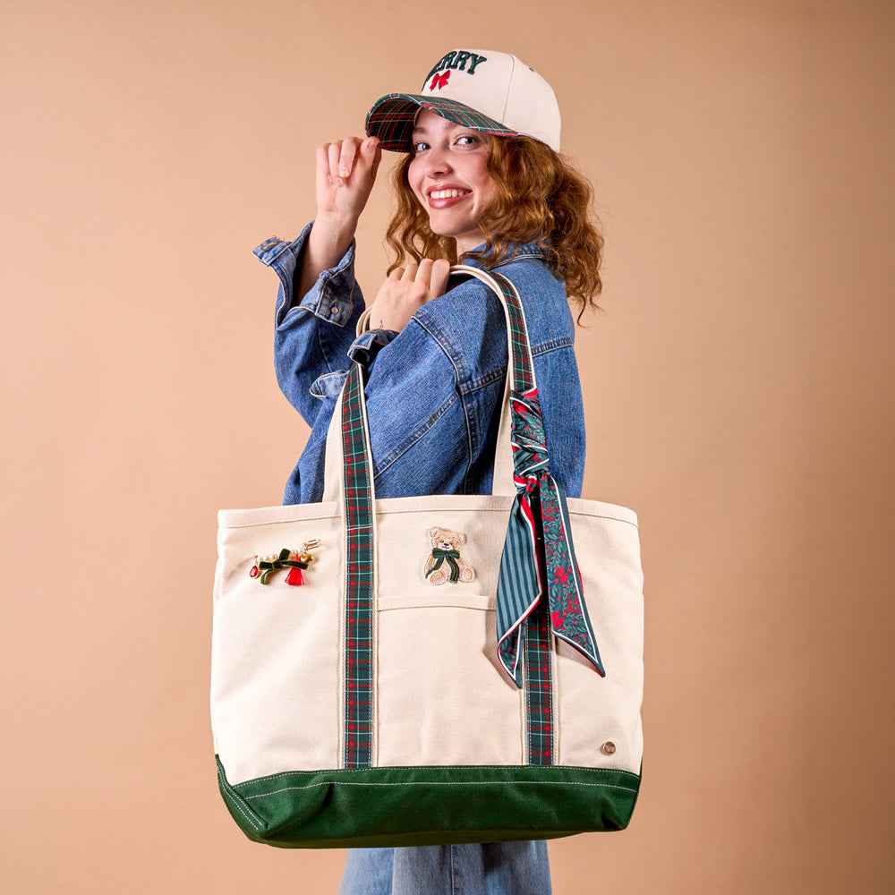 The Darling Canvas Tote Bag-Evergreen Plaid