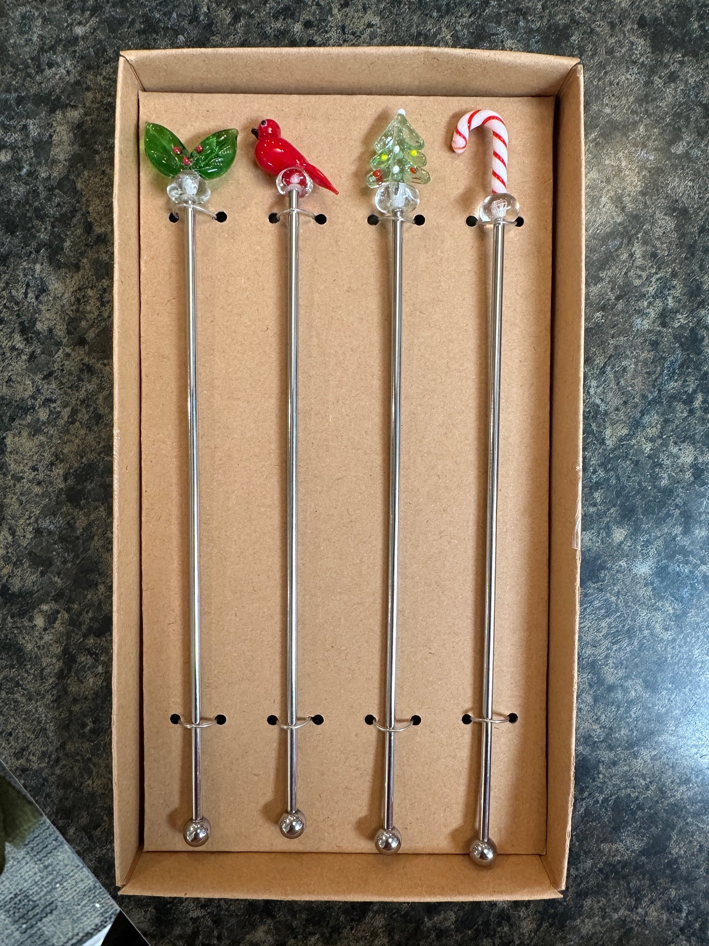 Cocktail Stirrers with Hand-Blown Glass Candies, Boxed Set of 4