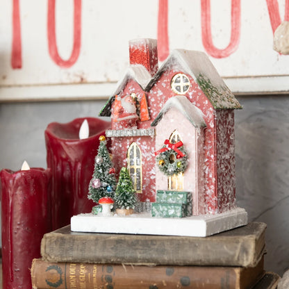 Lighted 7.5" RED HOUSE W/ SANTA