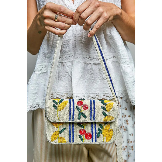 Beaded Cherry Pattern Flap Handbag