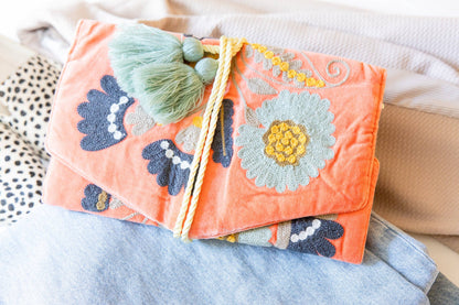 Coral Embroidered Velvet Jewelry Organizer
