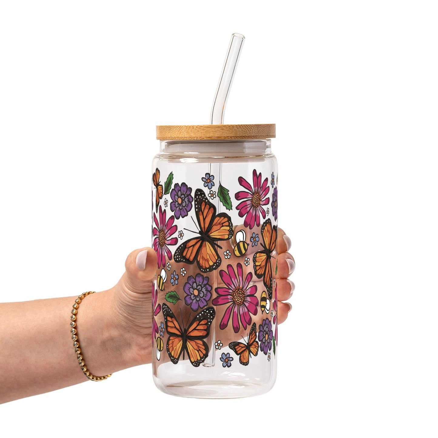 Butterfly Garden Glass Cup, Mug & Tumbler with Bamboo Lid and Straw: