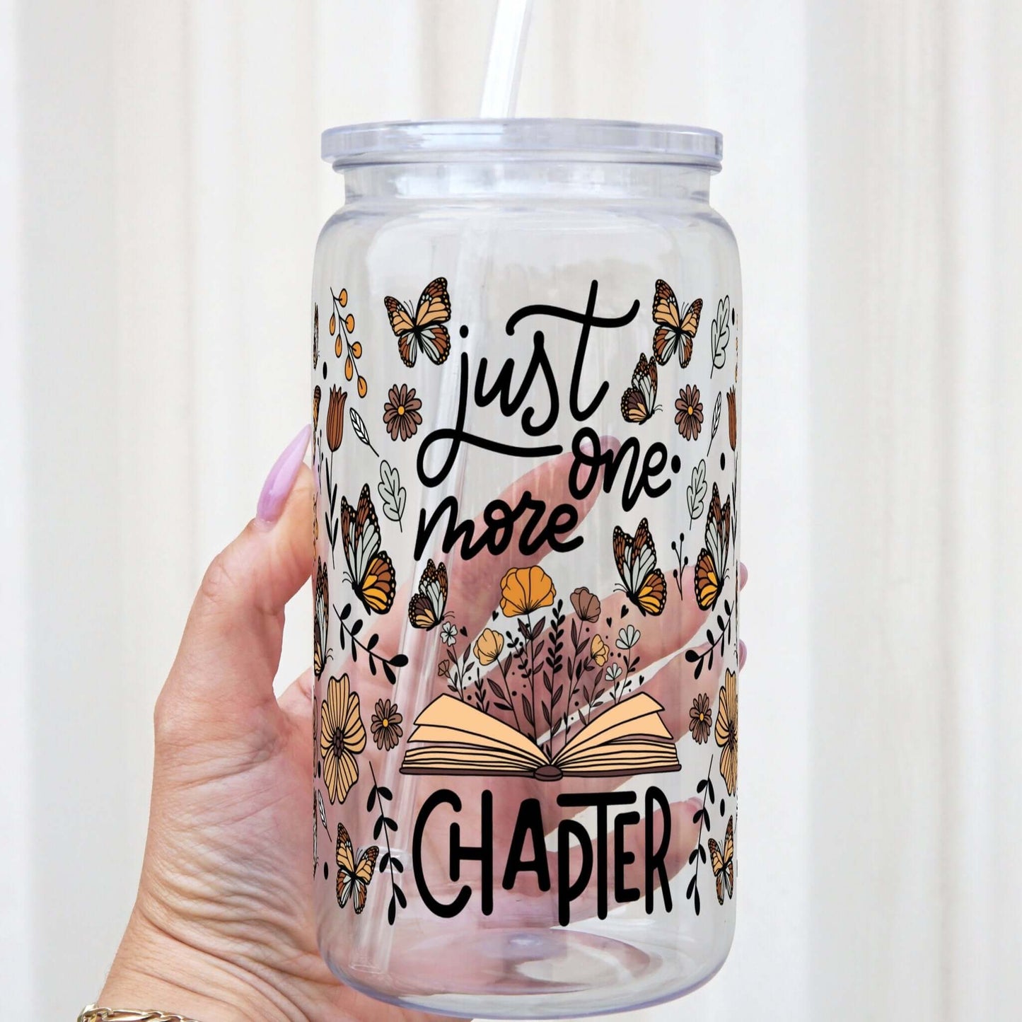Just One More Chapter 16oz Glass Can Cup With Lid and Straw