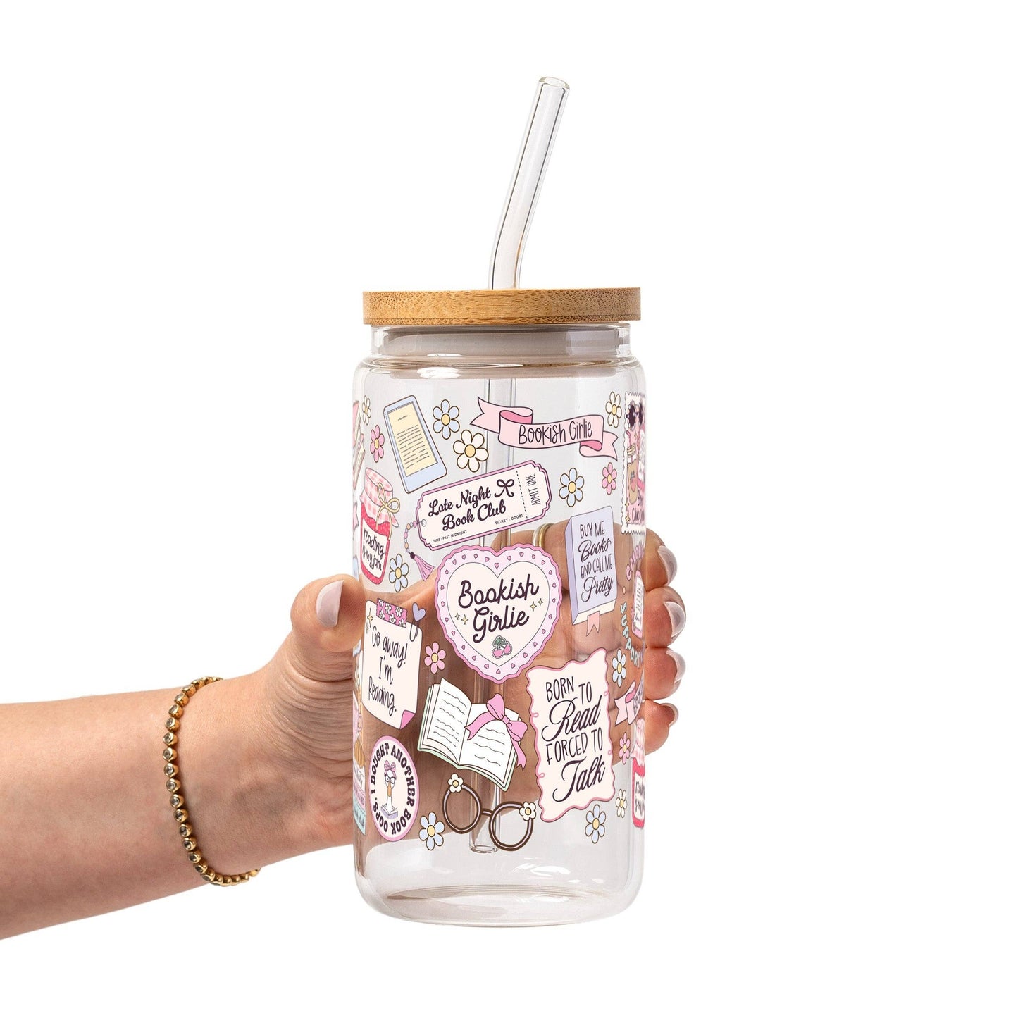 Sip-Sip Hooray! - Bookish Girly Glass Cup, Mug & Tumbler with Lid and Straw: 16oz Clear Glass