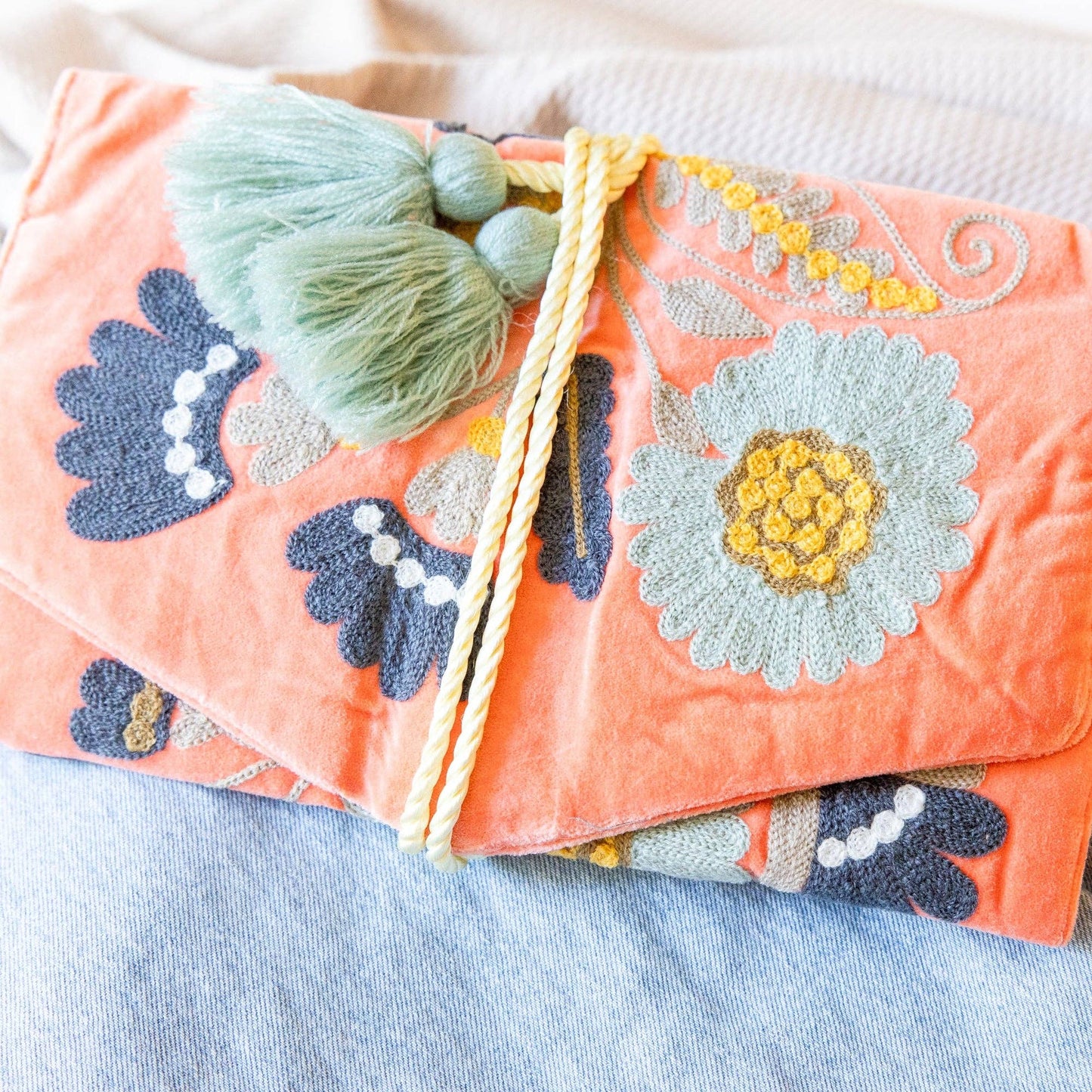 Coral Embroidered Velvet Jewelry Organizer