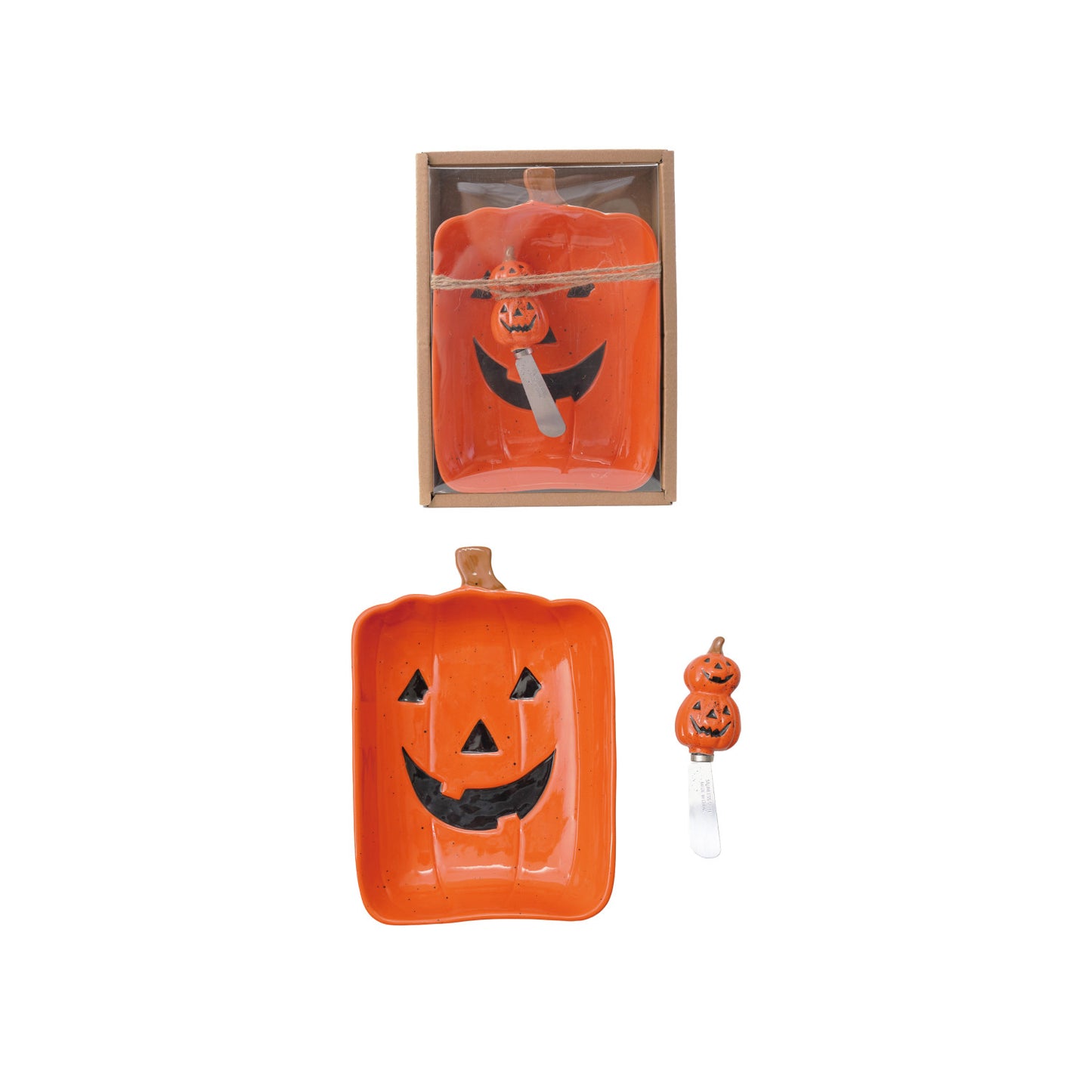 Jack-O-Lantern Dish with Canape Knife, Boxed Set of 2 Tied with Jute