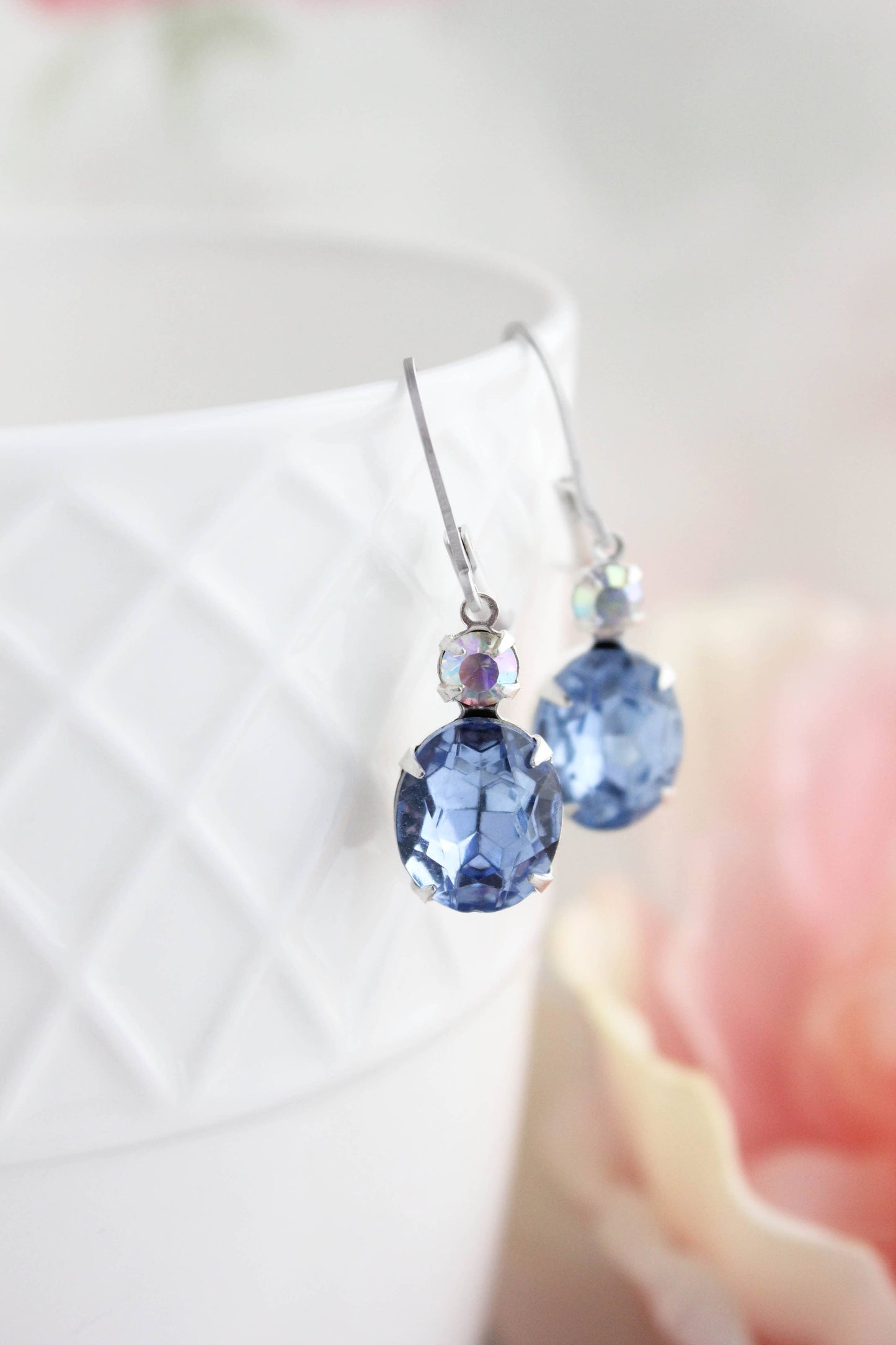 A Pocket of Posies - Oval Drop Earrings - Vintage Glass - Light Sapphire Blue