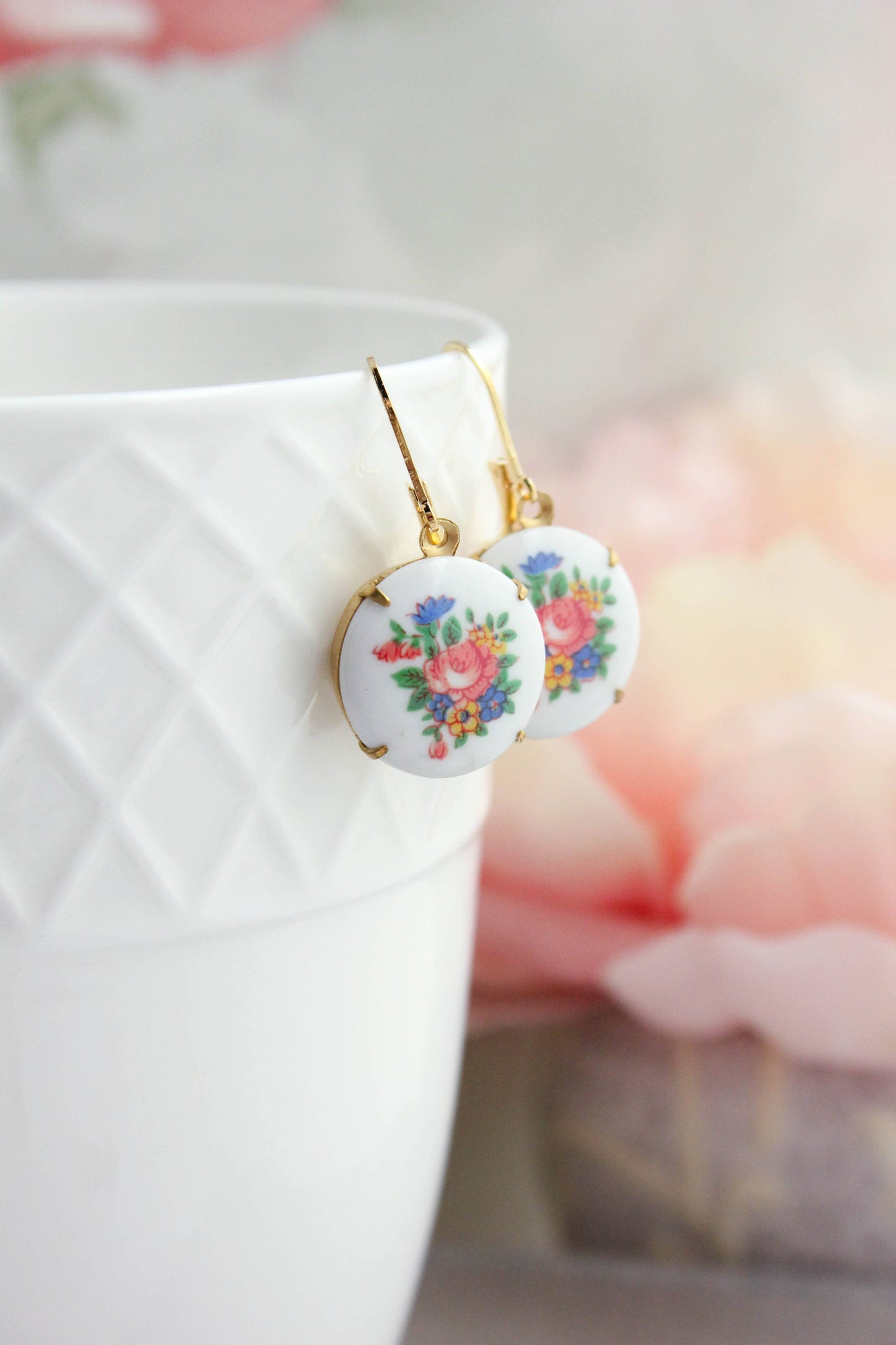 A Pocket of Posies - Round Floral Cameo Earrings - Blue and Pink Flowers