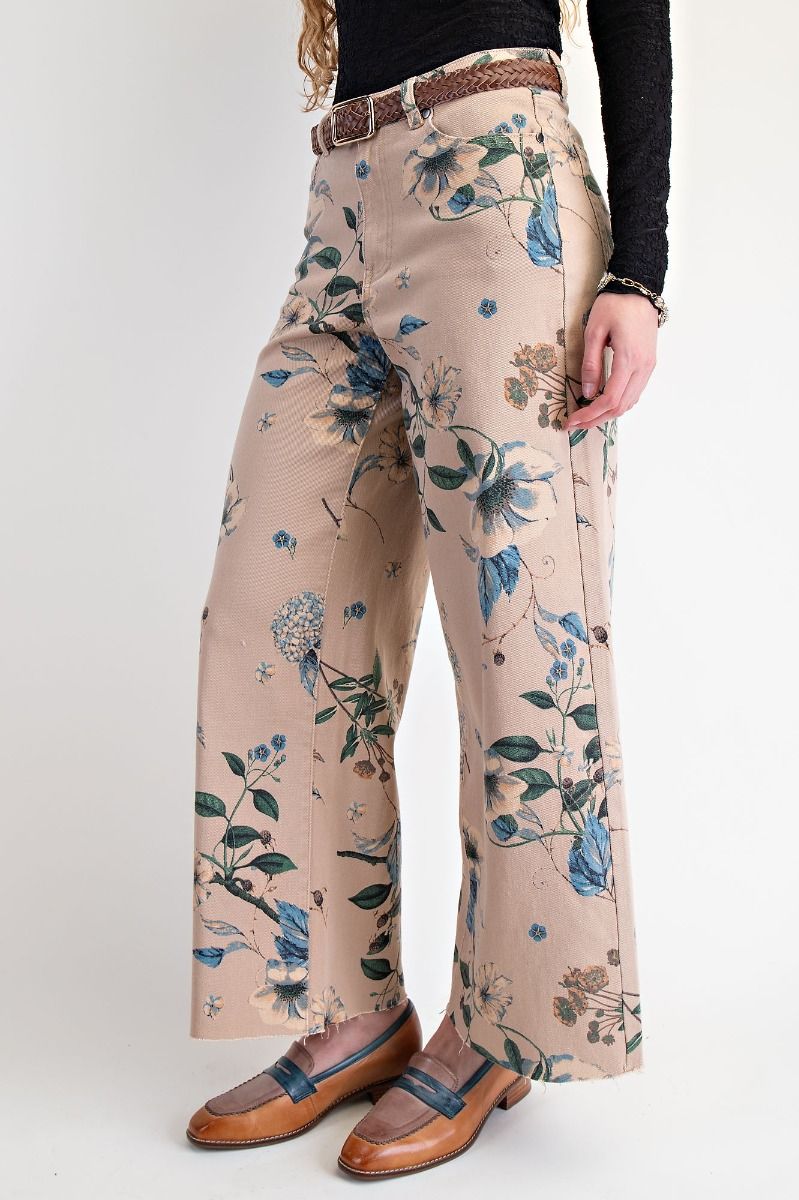 Khaki Blue Floral Twill