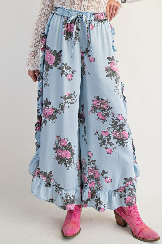 Floral Chambray Ruffled Pant