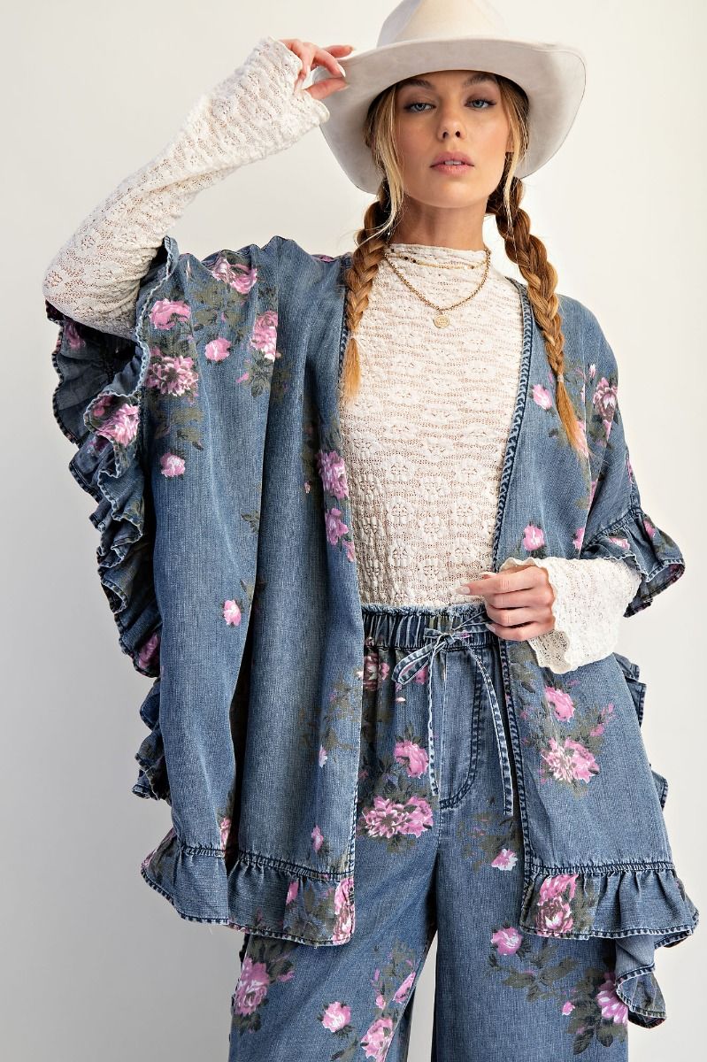 Floral Printed Chambray Open Kimono