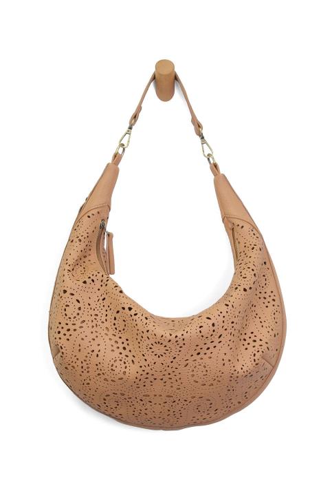 Tan Lazer Cut Eyelet Rhea Slouchy Crescent Bag