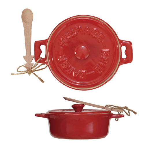 Stoneware Brie Baker with Bamboo Spreader