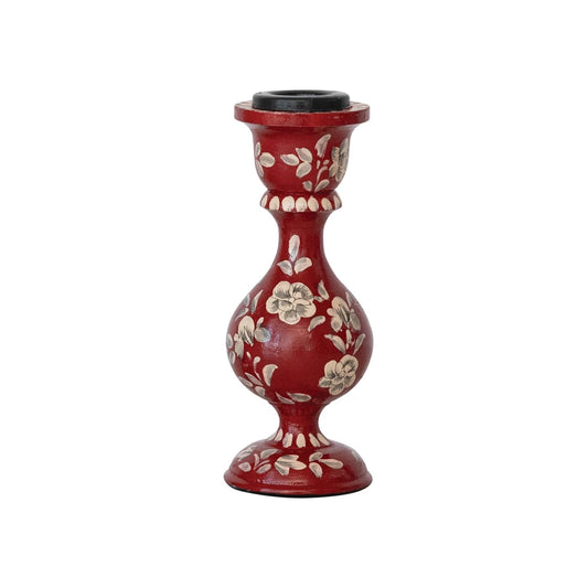 Hand-Painted Wood Taper Holder with Florals, Red, White & Grey