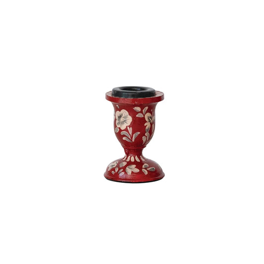 Hand-Painted Wood Taper Holder with Florals, Red, White & Grey, Short