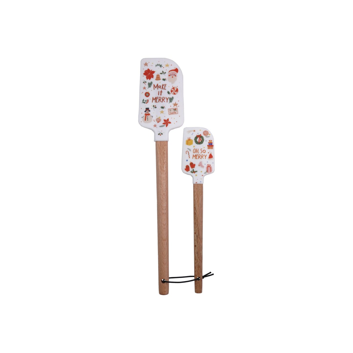 Silicone & Wood Spatulas with Holiday Pattern & Leather Tie, Set of 2