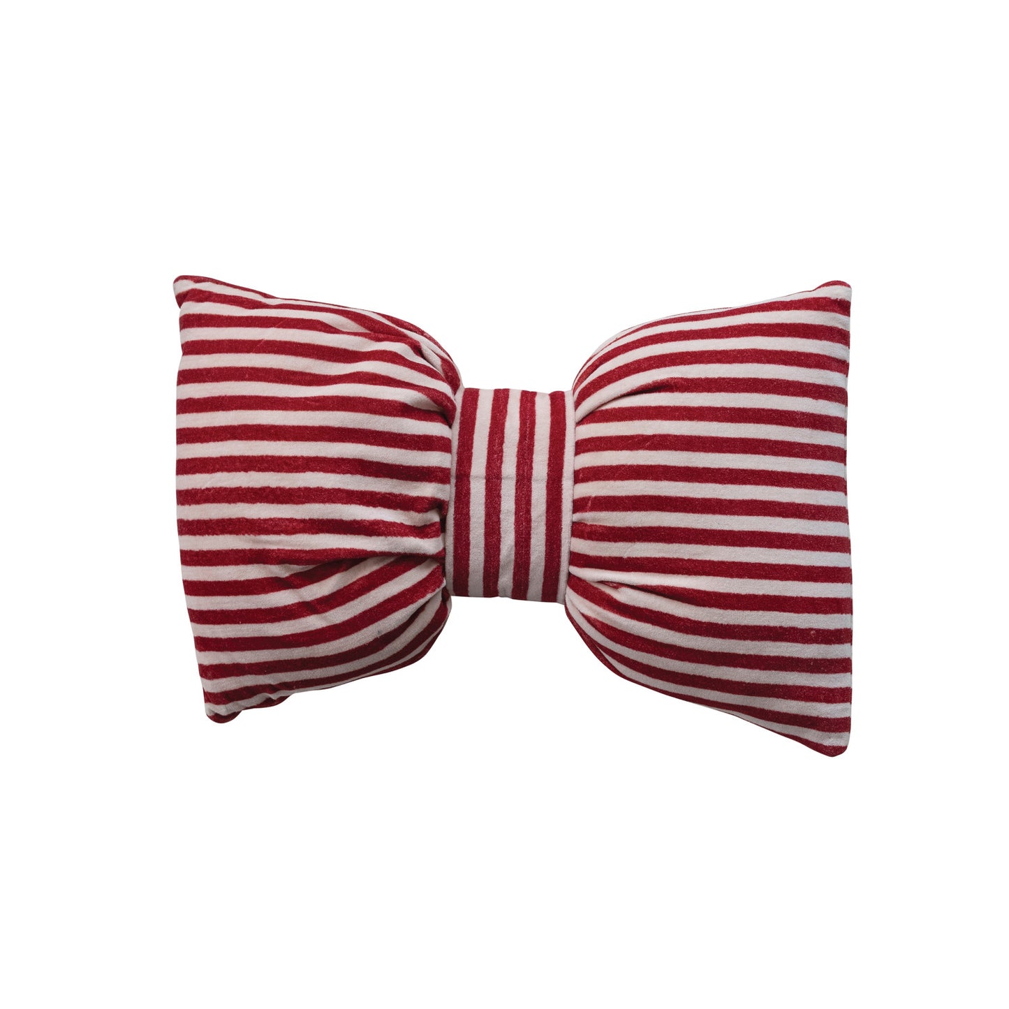 Cotton Velvet Bow Shaped Striped Lumbar Pillow, Red & Cream Color
