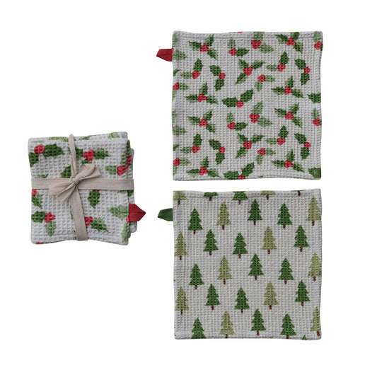 Waffle Weave Dish Coths, Holly and Trees