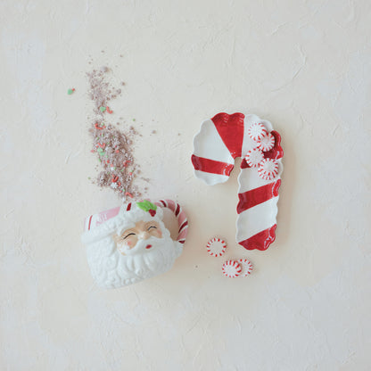 Stoneware Scalloped Striped Candy Cane Shaped Dish, Red & Whit