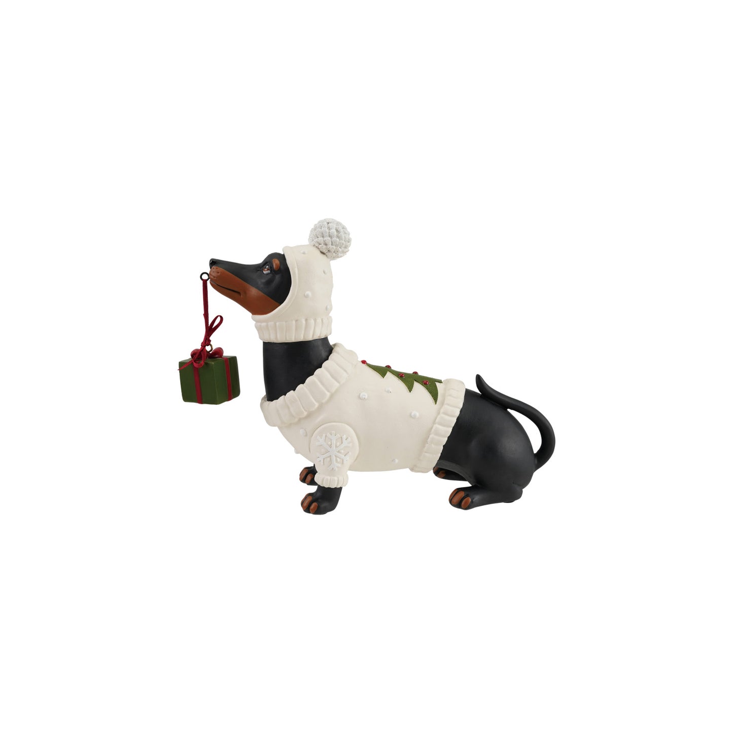 Dachshund in Holiday Sweater & Hat with Present