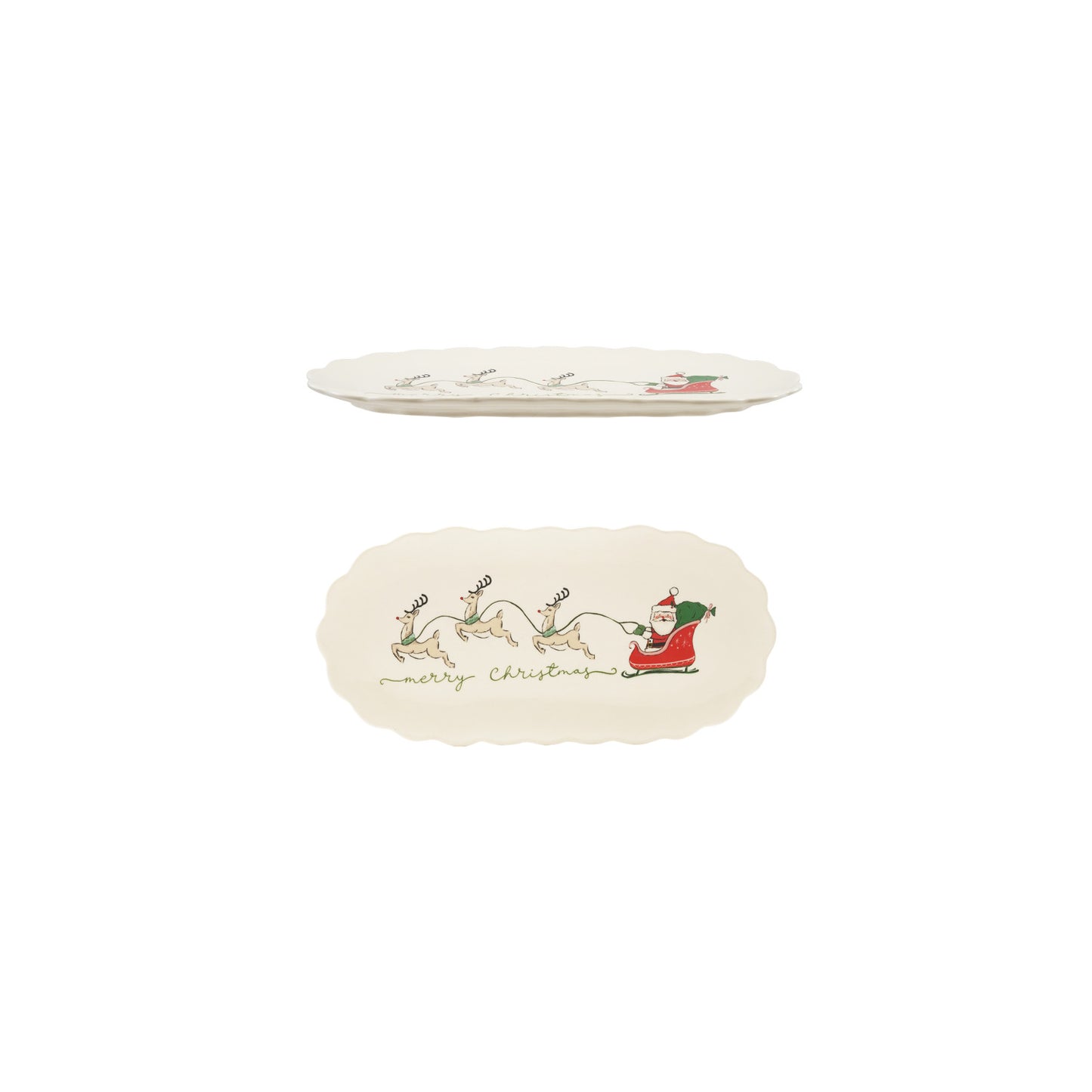 Stoneware Scalloped Platter with Santa's Sleigh & Reindeer Merry Christmas
