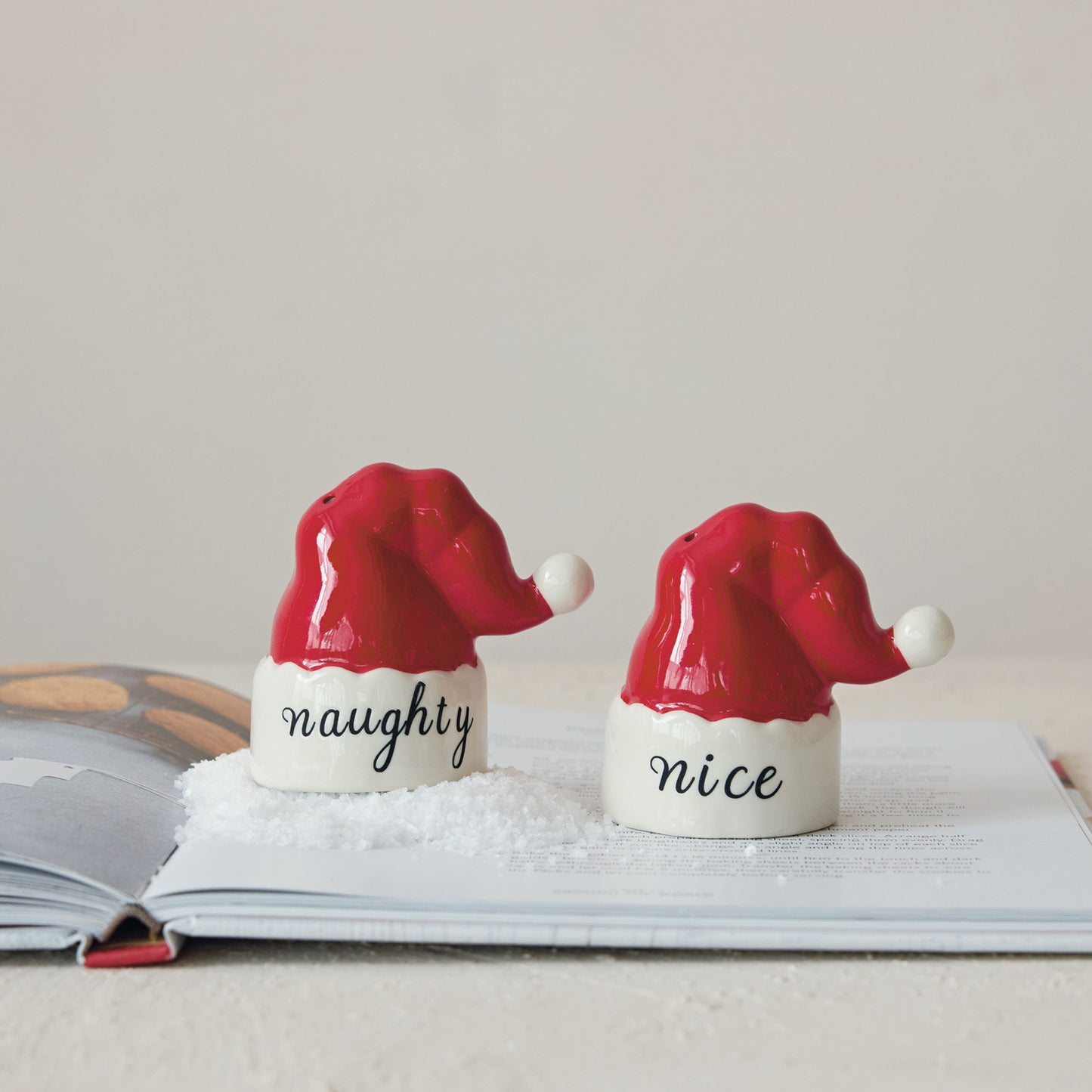 Hand-Painted Stoneware Santa Hat Shaped Salt & Pepper Shakers, Set of 2