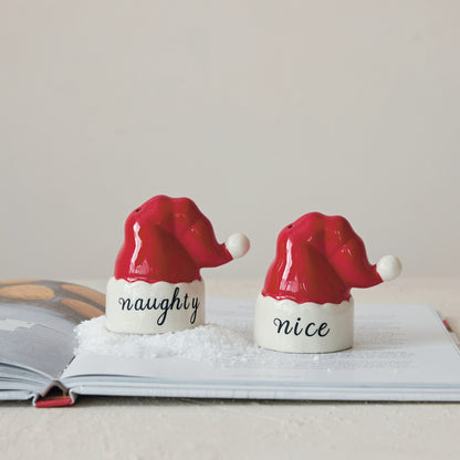 Hand-Painted Stoneware Santa Hat Shaped Salt & Pepper Shakers, Set of 2