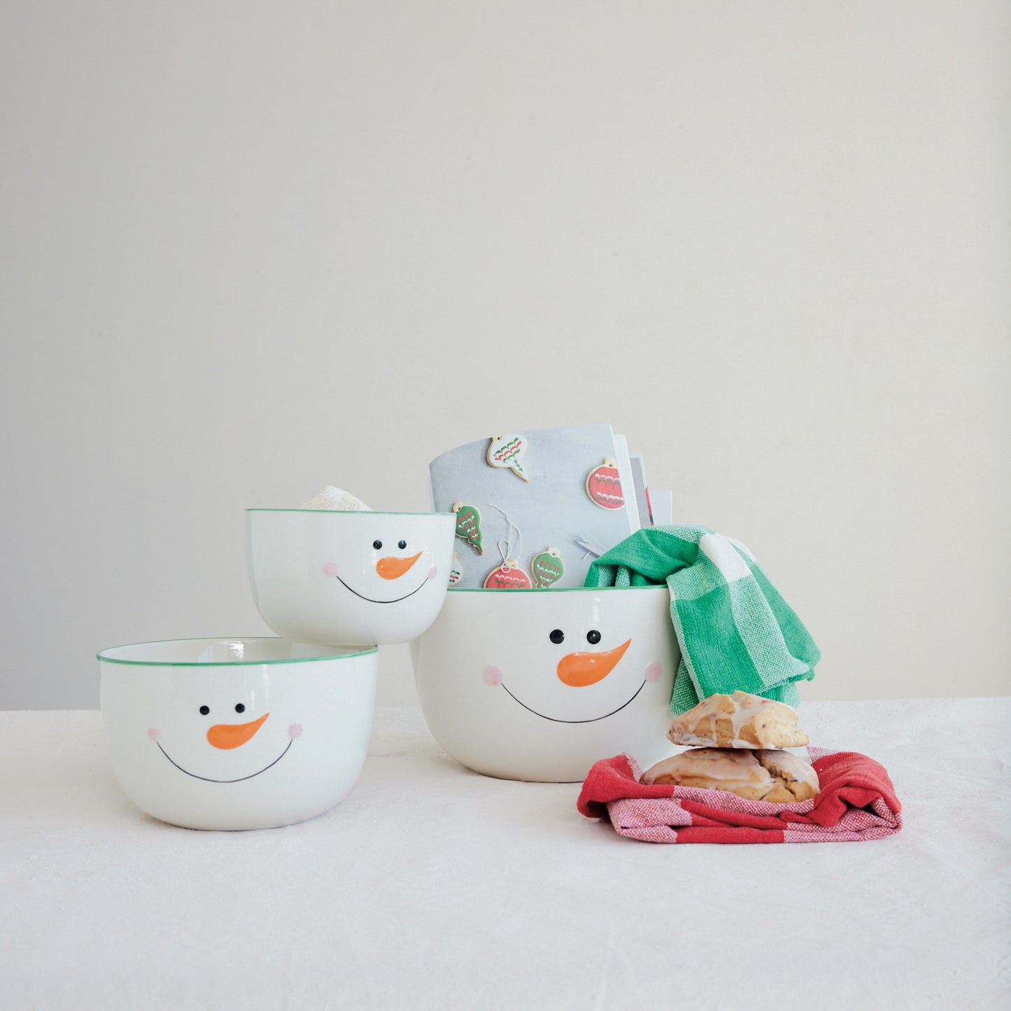 Stoneware Nesting Bowls with Snowman Face