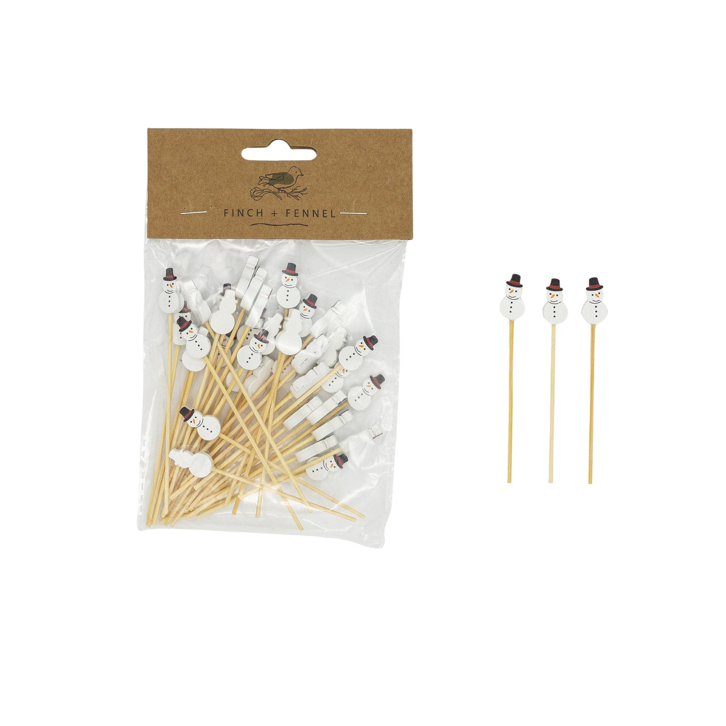 Bamboo Single Use Skewers with Snowman Shaped Handles, Set of 50