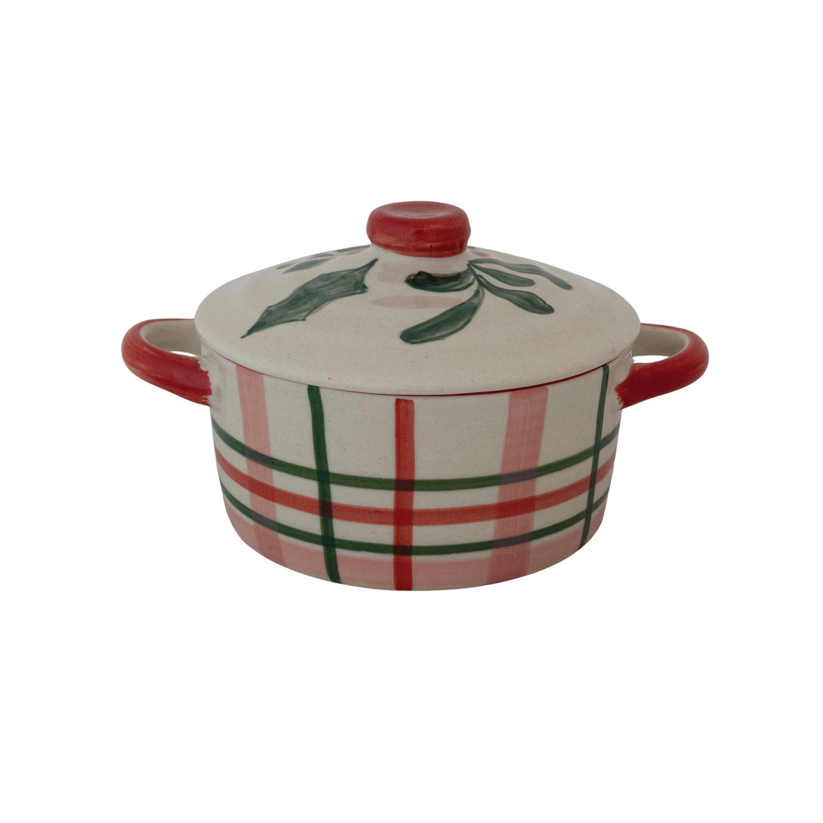 Botanical Stoneware Baker with Hand-Painted Plaid
