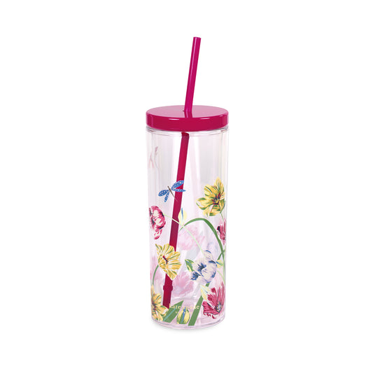 Acrylic Tumbler with Straw, Dragonflies and Tulips